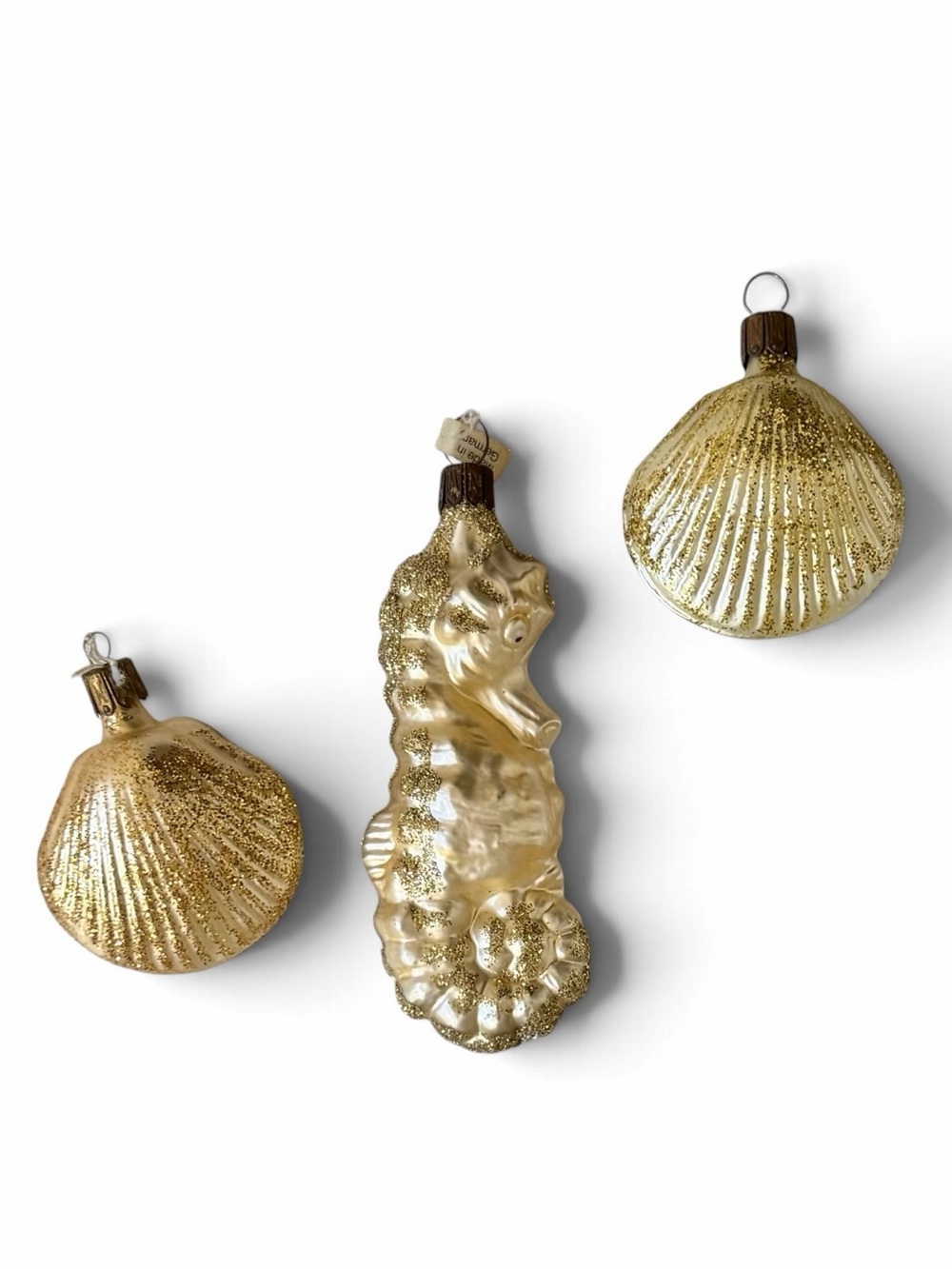 Set of 3 Neiman Marcus Metallic Gold Blown Glass Seahorse and Seashell Ornaments
